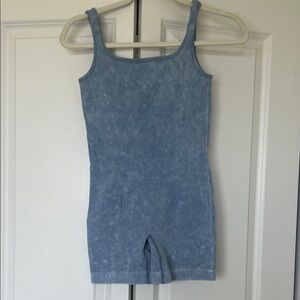 Blue Ribbed Activewear One-Piece Romper